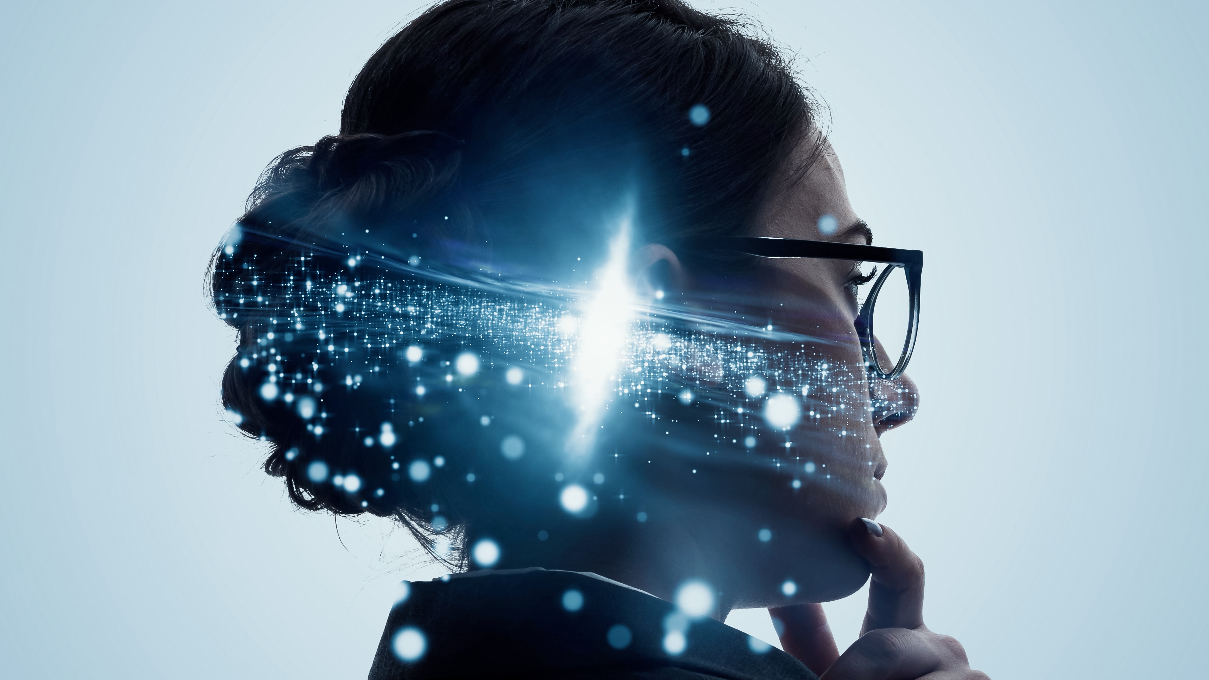 Person looking forward with an AI and data overlay — the intelligent workplace mind