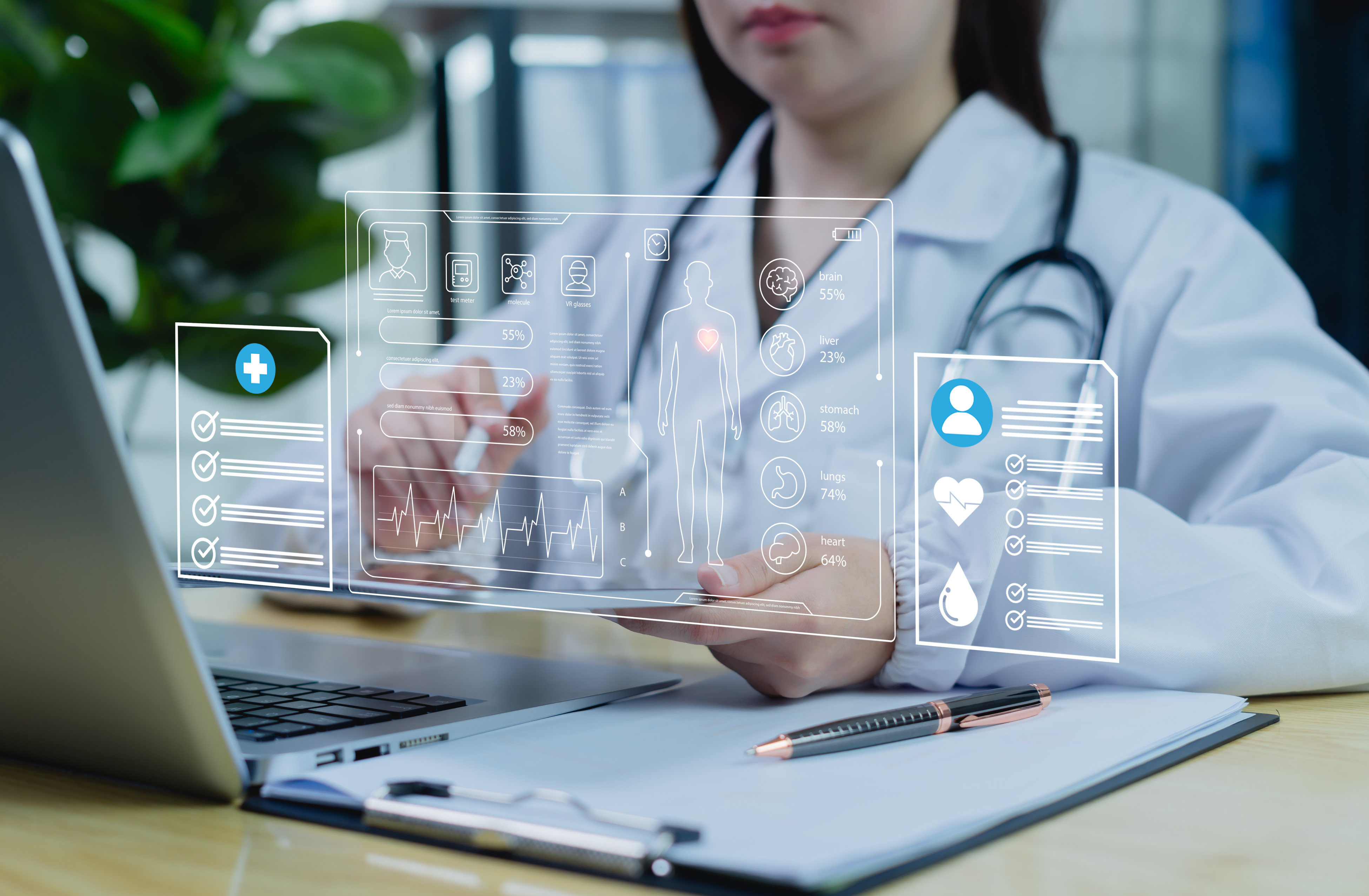 A doctor reviewing a patient health dashboard with AI-driven vital-sign analytics on a holographic interface